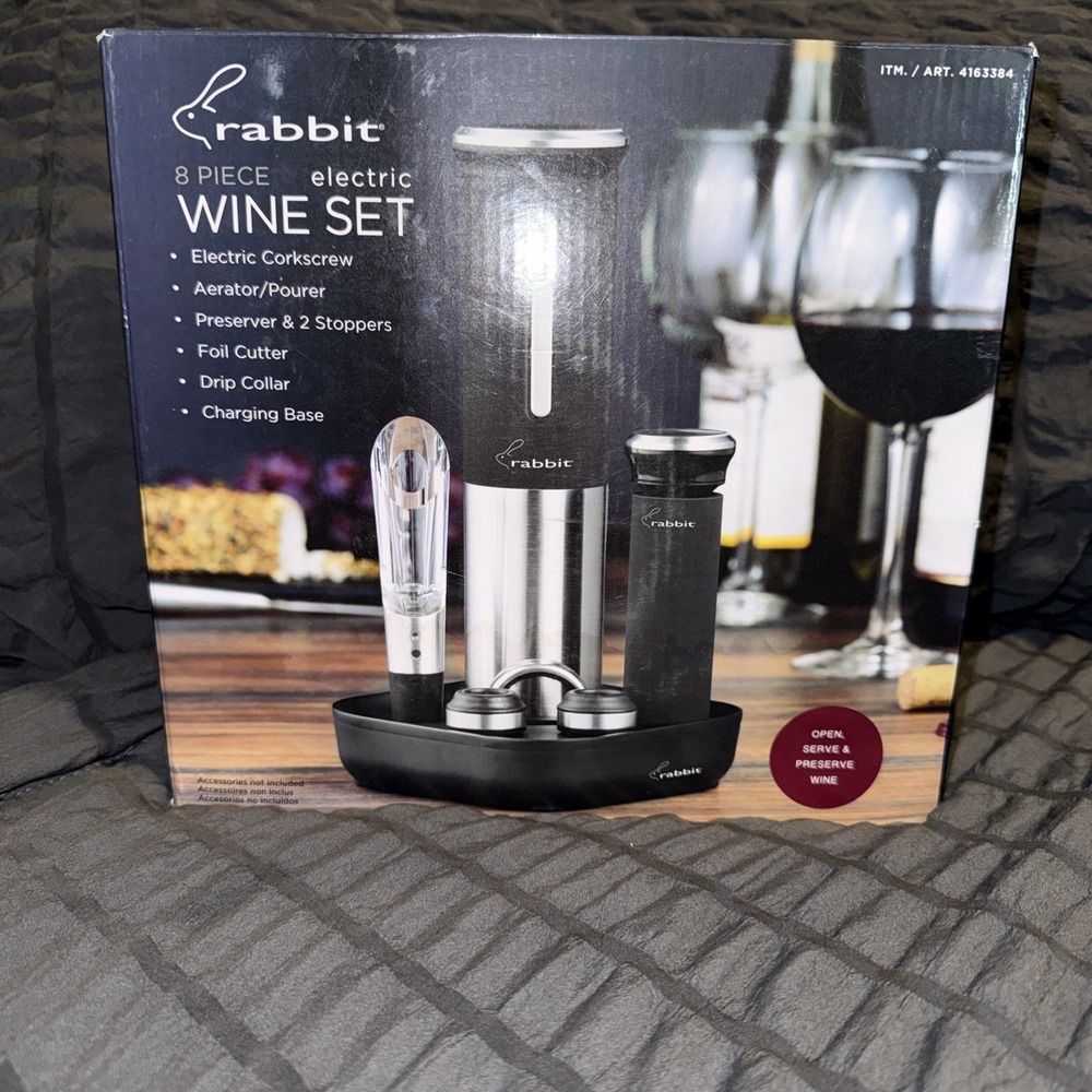Rabbit Electric Wine Opener Set 8Piece Set W/Foil Cutter, Aerator, Stoppers Box2